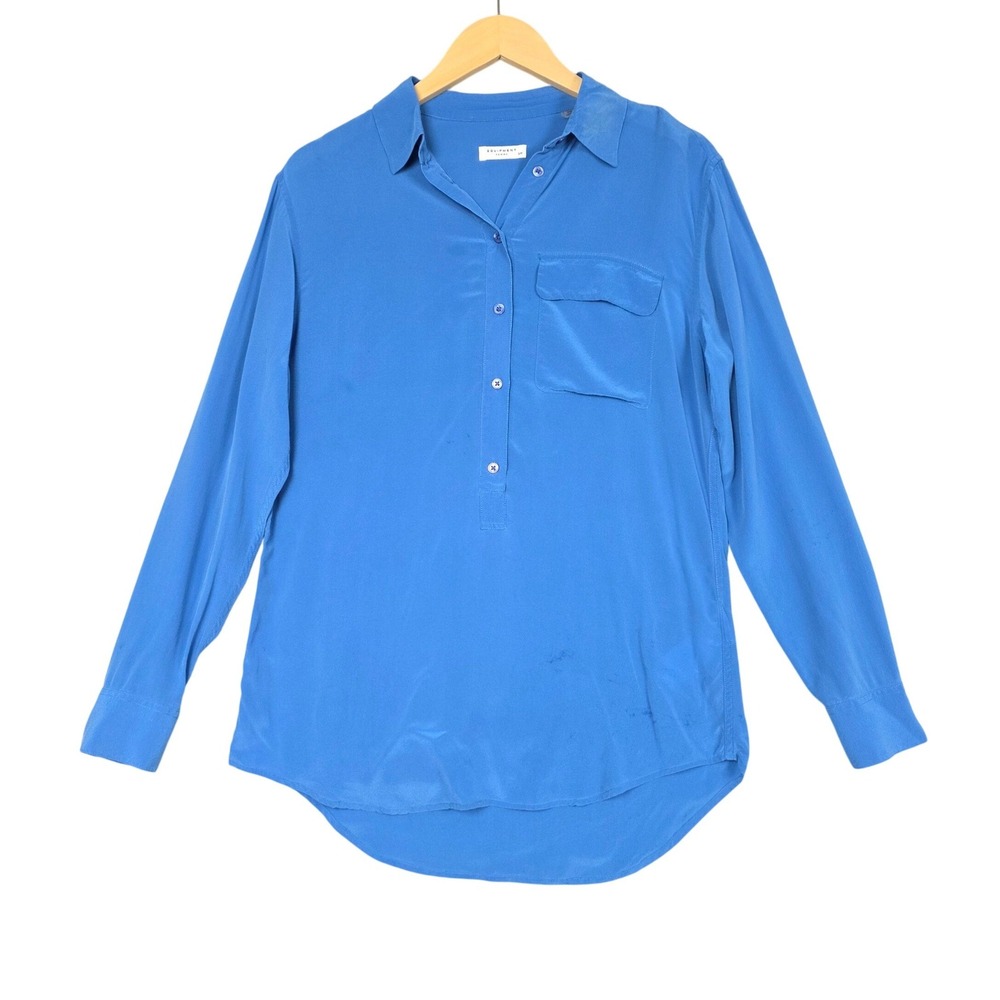 Equipment Femme Blouse Women S Blue Silk Long Sleeve Pullover Pocket Luxury Top